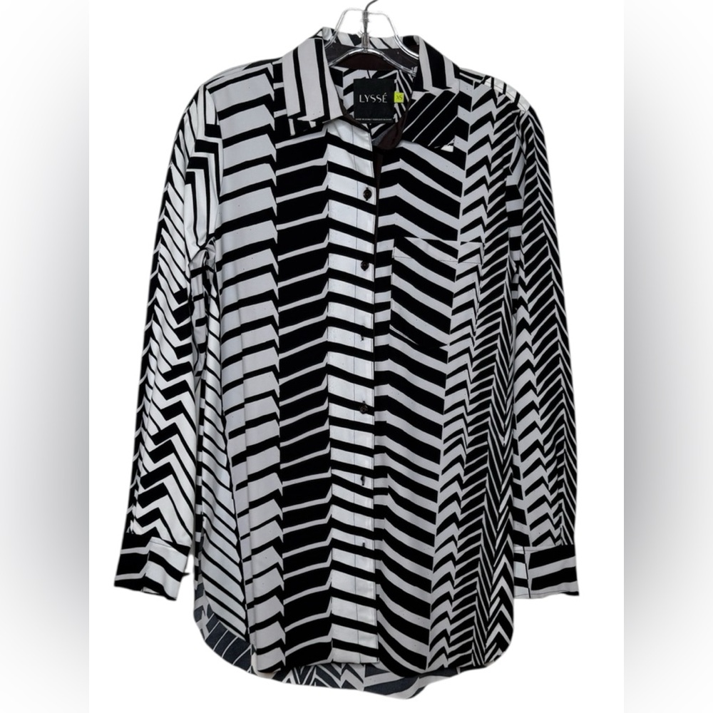 Lysse Schiffer  Black & White Button Down Microfiber Tunic Length Shirt XS